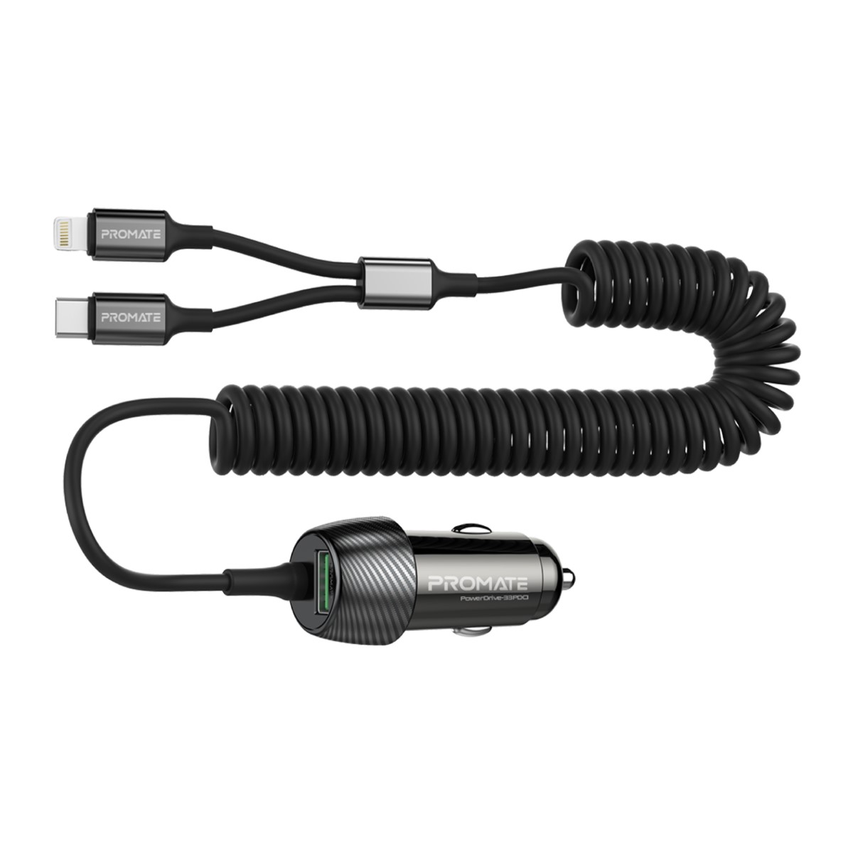 Promate 33W Car Charger with Lightning Connector & USB-C Cable