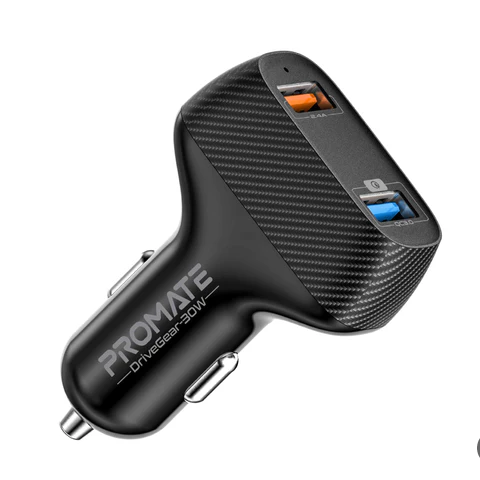Promate QC 3.0 Car Charger with Heavy Duty Mesh Armored USB-C Cable