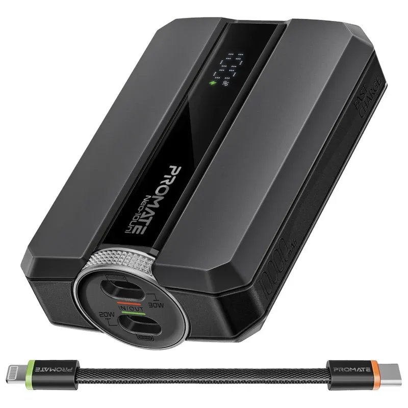 [Neo-10Uni.Black] "Neo-10Uni.Black 10000mAh Power Bank w/ 30W PD USB-C input/output port, 27W PD Lightning & 30W PD USB-C input/output bidirectional cable." 