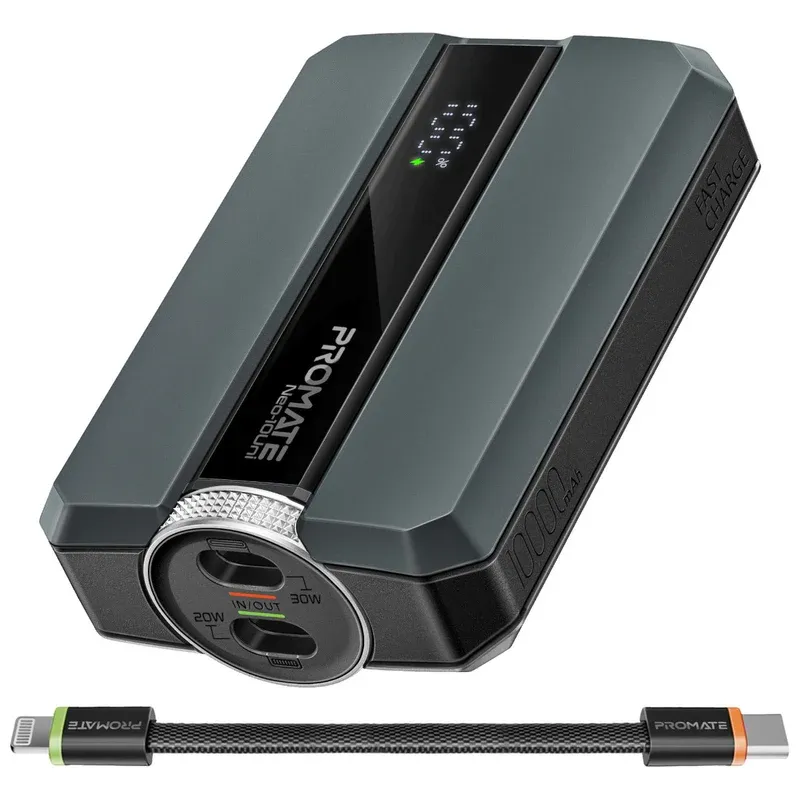 [Neo-10Uni.Grey] "Neo-10Uni.Grey 10000mAh Power Bank w/ 30W PD USB-C input/output port, 27W PD Lightning & 30W PD USB-C input/output bidirectional cable." 
