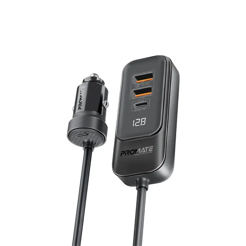 "GearHub-120W 120W Car charger w/ Car Backseat Charging Hub w/ 2 * 30W USB-C, 2 * 30W QC 3.0 ports, LED Display, 1.5m cable length" 