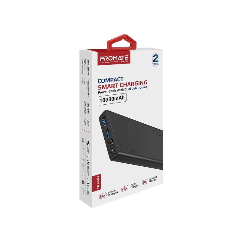 BOLT-10.BLACK Compact Smart Charging 10000 mAh Power Bank